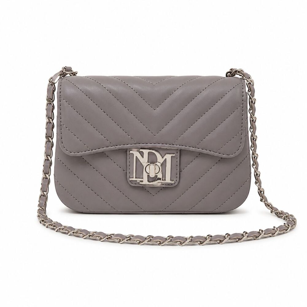 Badgley Mischka Small Quilted Crossbody Evening Bag Purse Taupe Gold Chain Strap